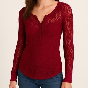 Y2K/Early 2000's Aeropostale Sheer Floral Red Lace Long Sleeve Size M
